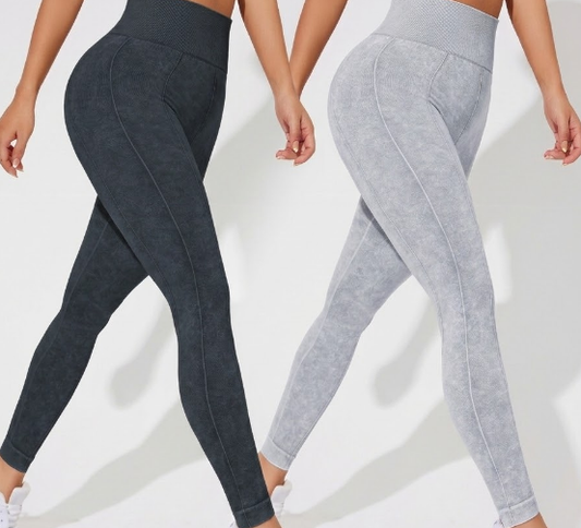 2 PCS Women's High Waisted Seamless Yoga Leggings Washed Black and Light Grey Activewear Tights Size L V888-ELOSUNG44898