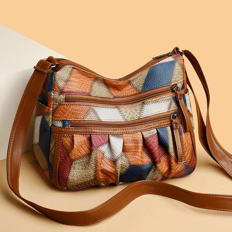 Lightweight PU Leather Pleated Shoulder Bag with Contrast Color Patchwork - Multi-Zipper Large Capacity V888-ELOSUNG45001