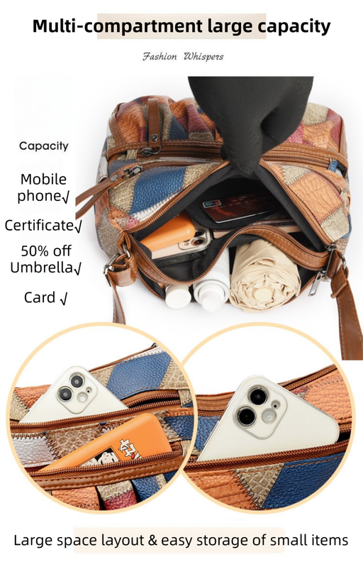 Lightweight PU Leather Pleated Shoulder Bag with Contrast Color Patchwork - Multi-Zipper Large Capacity V888-ELOSUNG45001