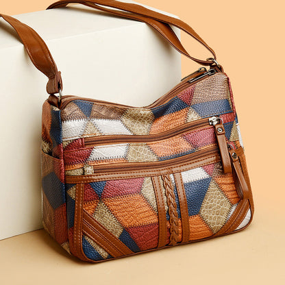Lightweight Contrast Color Patchwork Shoulder Bag - Multi-Zipper Large Capacity PU Leather Satchel for V888-ELOSUNG45002