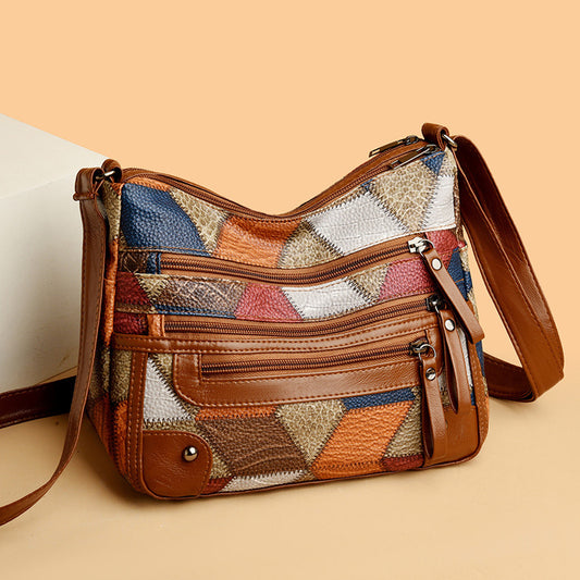 Lightweight Contrast Color Patchwork Shoulder Bag - Multi-Zipper Large Capacity PU Leather Satchel for V888-ELOSUNG45003