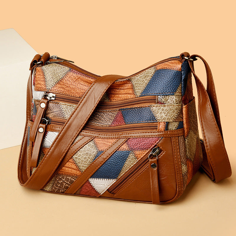 Lightweight Contrast Color Patchwork Shoulder Bag - Multi-Zipper Large Capacity PU Leather Satchel for V888-ELOSUNG45004