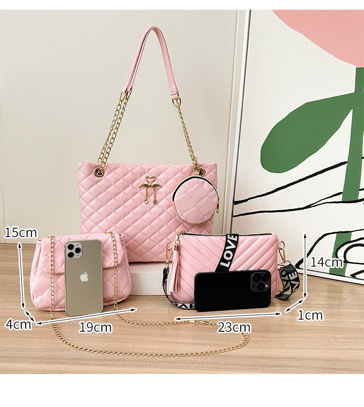 4-Piece PU Leather Rhombus Handbag Set - Large Capacity Shoulder Bag with Secure Zipper & Buckle Closure, V888-ELOSUNG45005