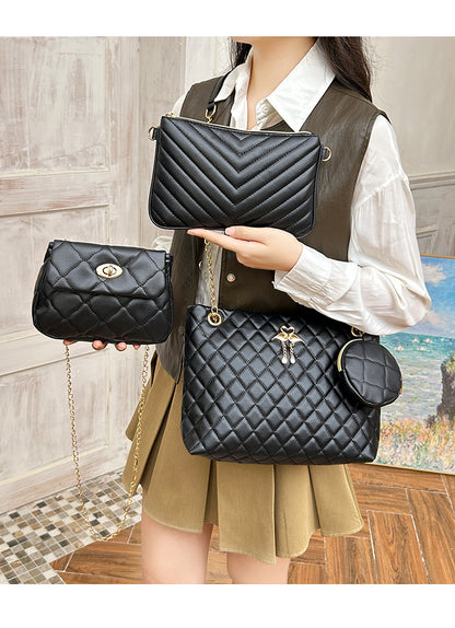 4-Piece PU Leather Rhombus Handbag Set - Large Capacity Shoulder Bag with Secure Zipper & Buckle Closure, V888-ELOSUNG45005