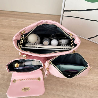 4-Piece PU Leather Rhombus Handbag Set - Large Capacity Shoulder Bag with Secure Zipper & Buckle Closure, V888-ELOSUNG45005