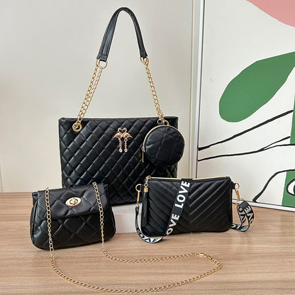 4-Piece PU Leather Rhombus Handbag Set - Large Capacity Shoulder Bag with Secure Zipper & Buckle Closure, V888-ELOSUNG45006