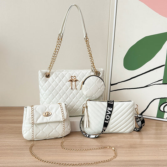 4-Piece PU Leather Rhombus Handbag Set - Large Capacity Shoulder Bag with Secure Zipper & Buckle Closure, V888-ELOSUNG45007