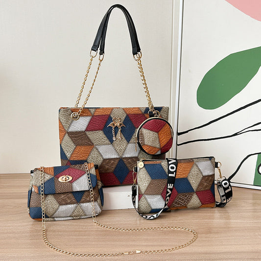4-PCS Plaid Contrast-Color Handbag Set - Large Capacity PU Leather Shoulder Bag with Secure Zipper & Buckle V888-ELOSUNG45009