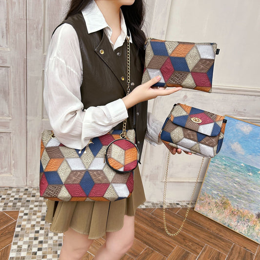 4-PCS Plaid Contrast-Color Handbag Set - Large Capacity PU Leather Shoulder Bag with Secure Zipper & Buckle V888-ELOSUNG45009