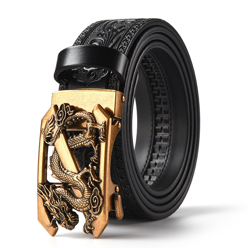 Black 120CM Men's Genuine Cowhide Vintage Carved Belt with Gold Dragon Design Automatic Sliding Buckle V888-ELOSUNG45012