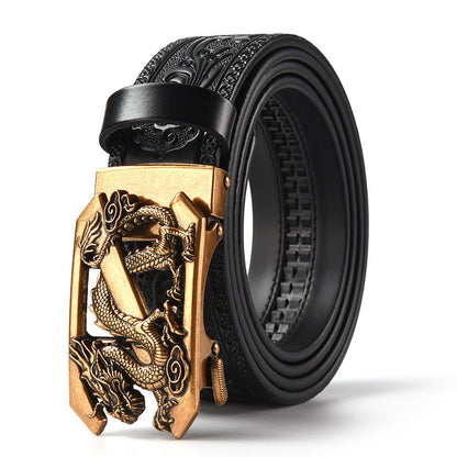 Black 120CM Men's Genuine Cowhide Vintage Carved Belt with Gold Dragon Design Automatic Sliding Buckle V888-ELOSUNG45012