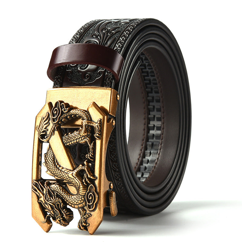 Brown 120CM Men's Genuine Cowhide Vintage Carved Belt with Gold Dragon Design Automatic Sliding Buckle V888-ELOSUNG45013