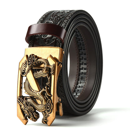 Brown 120CM Men's Genuine Cowhide Vintage Carved Belt with Gold Dragon Design Automatic Sliding Buckle V888-ELOSUNG45013