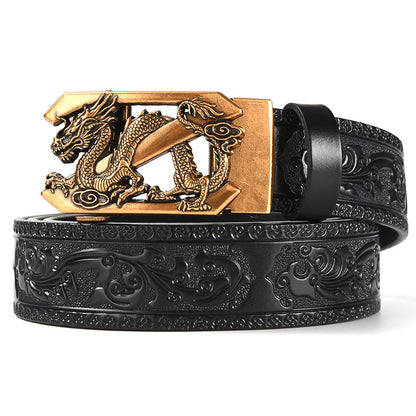 Brown 120CM Men's Genuine Cowhide Vintage Carved Belt with Gold Dragon Design Automatic Sliding Buckle V888-ELOSUNG45013
