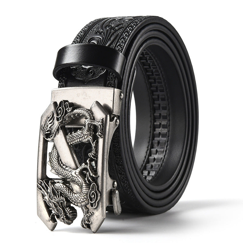 Black 120CM Men's Genuine Cowhide Vintage Carved Belt with Sliver Dragon Design Automatic Sliding Buckle V888-ELOSUNG45014