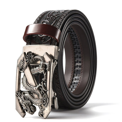 Brown 120CM Men's Genuine Cowhide Vintage Carved Belt with Sliver Dragon Design Automatic Sliding Buckle V888-ELOSUNG45015