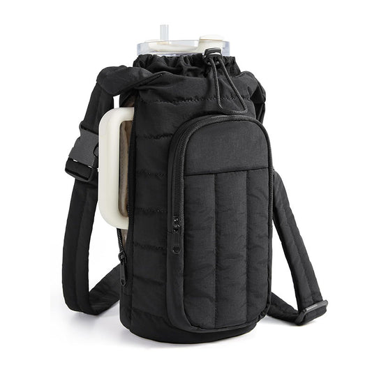 Black Nylon Quilted Insulated Water Bottle Bag for 18-64oz Flask - Lightweight Sports & Travel Puffer V888-ELOSUNG45039