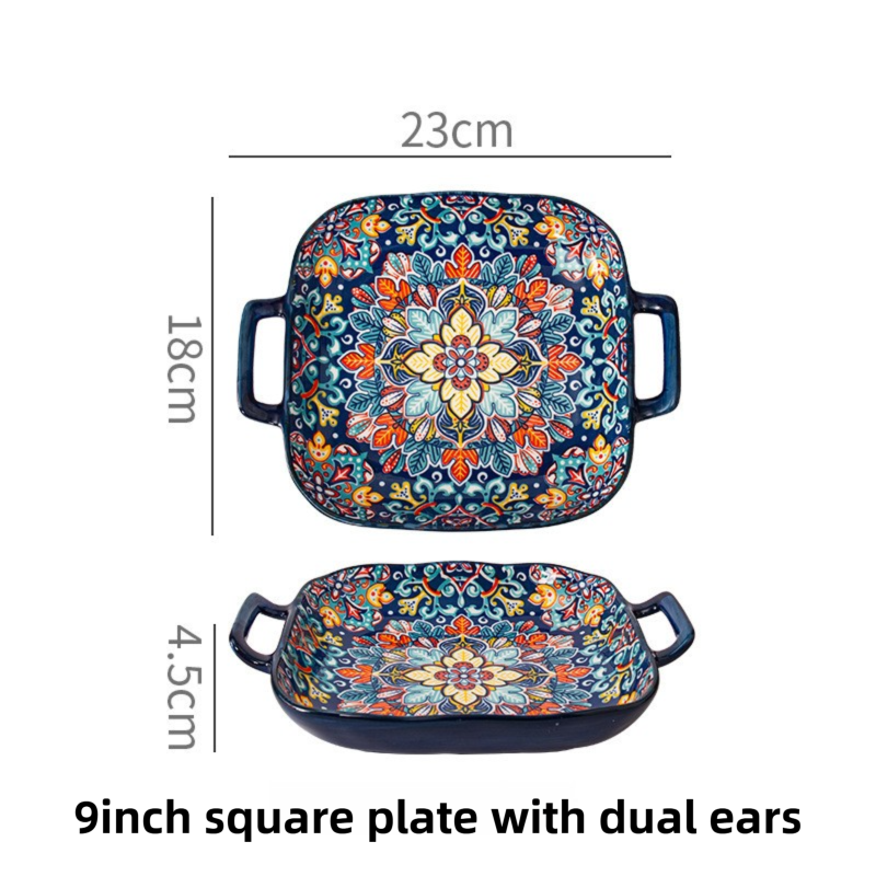 9-Inch Underglaze Ceramic Square Serving Plate with Dual Handles (Baroque) - Microwave and Oven Safe Pasta & V888-ELOSUNG45043