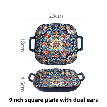 9-Inch Underglaze Ceramic Square Serving Plate with Dual Handles (Baroque) - Microwave and Oven Safe Pasta & V888-ELOSUNG45043