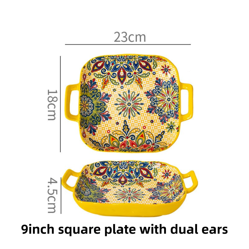 9-Inch Underglaze Ceramic Square Serving Plate with Dual Handles (Mirror Sunlight Style) - Microwave and Oven V888-ELOSUNG45044