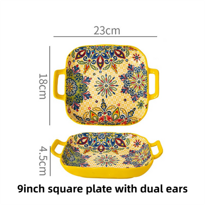 9-Inch Underglaze Ceramic Square Serving Plate with Dual Handles (Mirror Sunlight Style) - Microwave and Oven V888-ELOSUNG45044