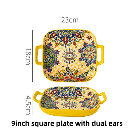 9-Inch Underglaze Ceramic Square Serving Plate with Dual Handles (Mirror Sunlight Style) - Microwave and Oven V888-ELOSUNG45044
