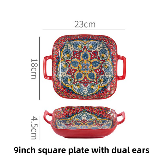 9-Inch Underglaze Ceramic Square Serving Plate with Dual Handles (Isdir Style) - Microwave and Oven Safe V888-ELOSUNG45045