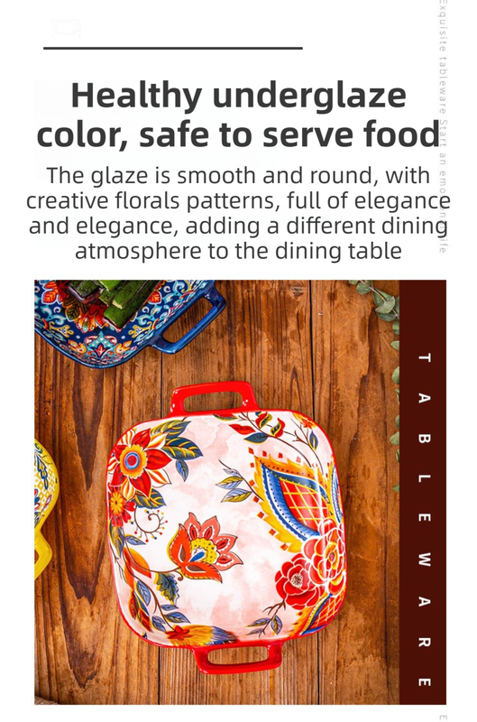 9-Inch Underglaze Ceramic Square Serving Plate with Dual Handles (Isdir Style) - Microwave and Oven Safe V888-ELOSUNG45045