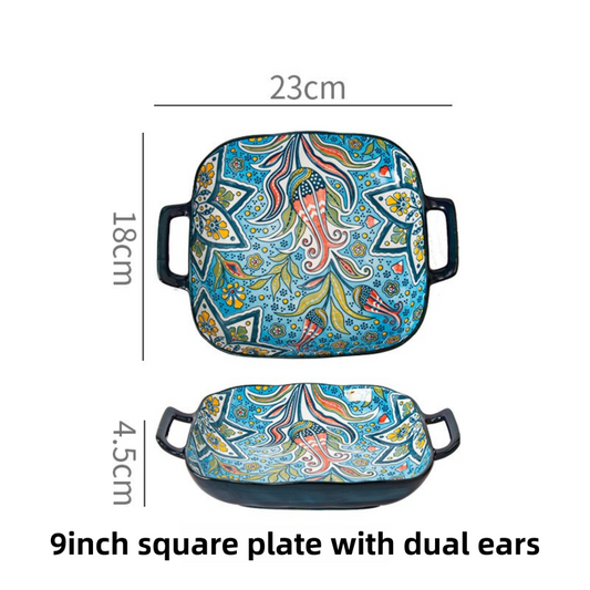 9-Inch Underglaze Ceramic Square Serving Plate with Dual Handles (Glandot Style) - Microwave and Oven Safe V888-ELOSUNG45046