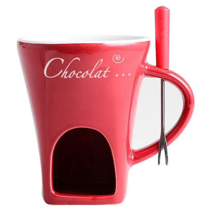 Red European Style Ceramic Chocolate & Cheese Melter Set - 200ml Mini Melting Mug & Fork V888-ELOSUNG45047