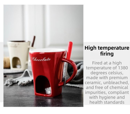 Red European Style Ceramic Chocolate & Cheese Melter Set - 200ml Mini Melting Mug & Fork V888-ELOSUNG45047