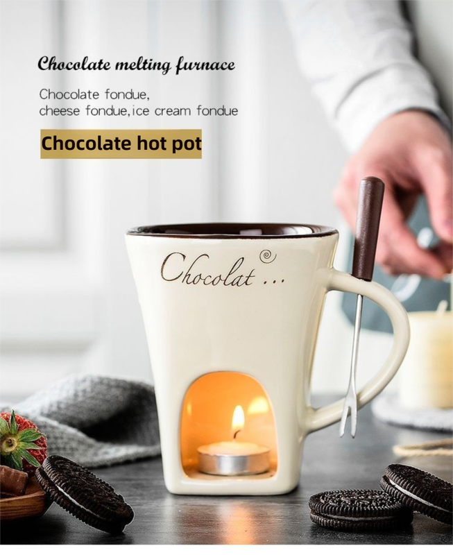 White European Style Ceramic Chocolate & Cheese Melter Set - 200ml Mini Melting Mug & Fork V888-ELOSUNG45048
