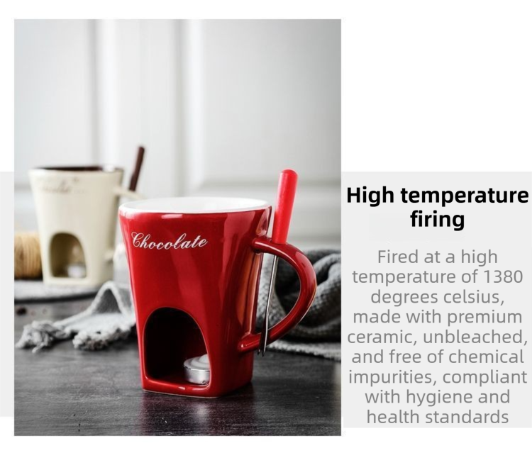 White European Style Ceramic Chocolate & Cheese Melter Set - 200ml Mini Melting Mug & Fork V888-ELOSUNG45048