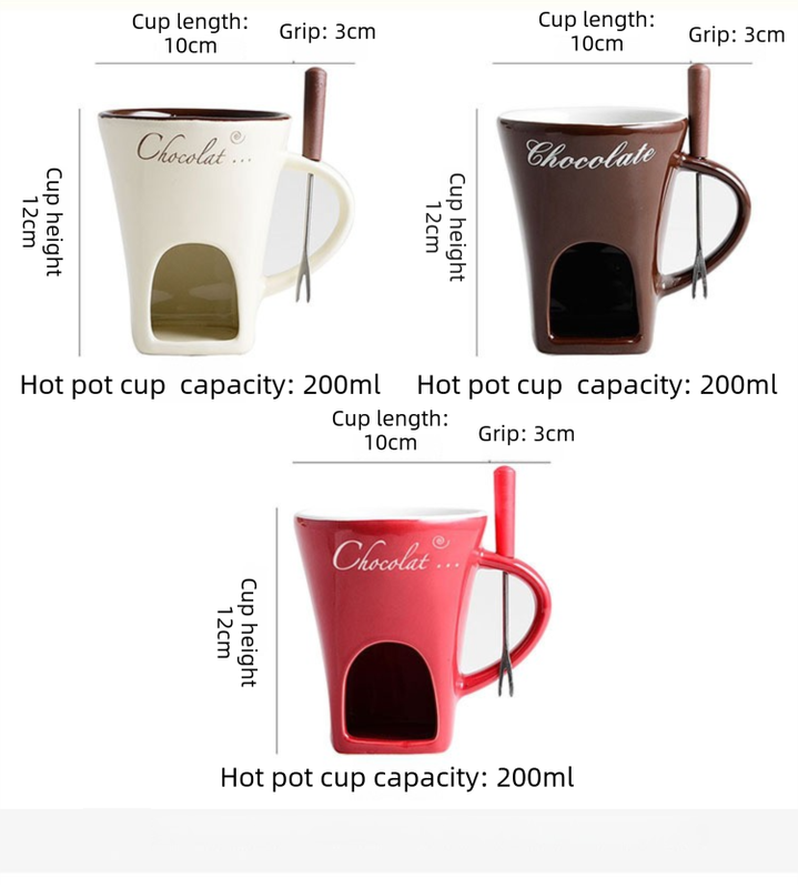 White European Style Ceramic Chocolate & Cheese Melter Set - 200ml Mini Melting Mug & Fork V888-ELOSUNG45048