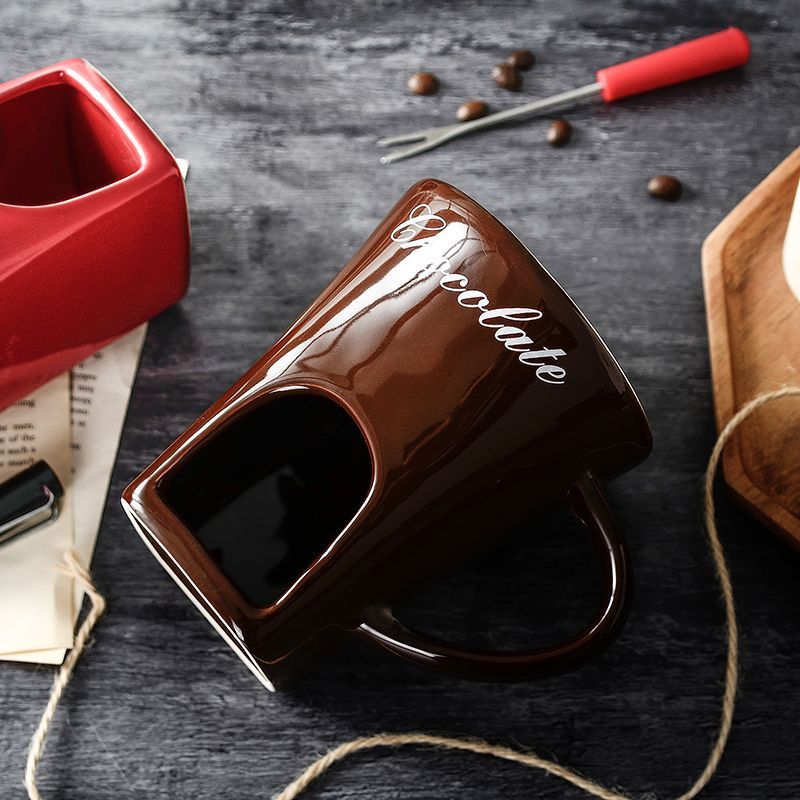 Coffee European Style Ceramic Chocolate & Cheese Melter Set - 200ml Mini Melting Mug & Fork V888-ELOSUNG45049