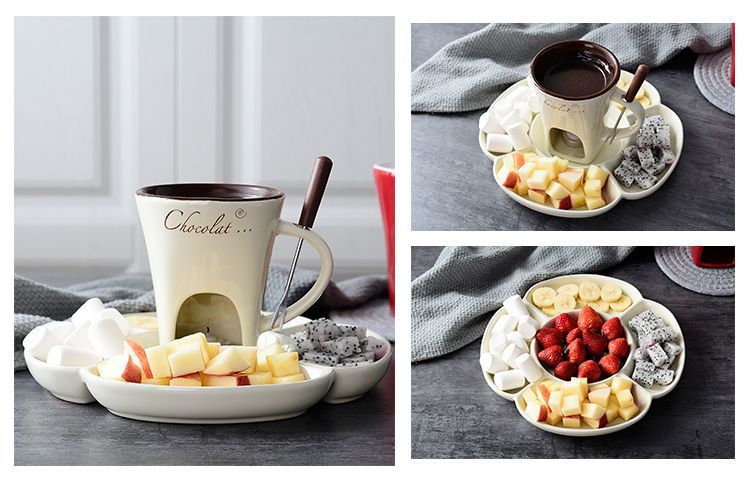 Coffee European Style Ceramic Chocolate & Cheese Melter Set - 200ml Mini Melting Mug & Fork V888-ELOSUNG45049