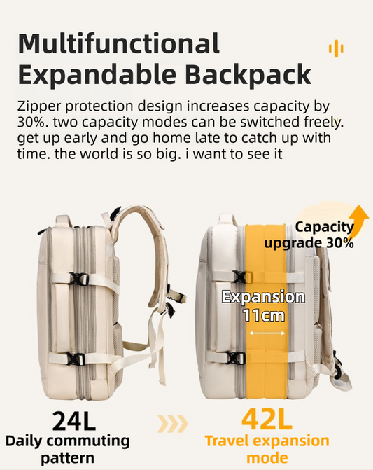 Beige Expandable Travel Laptop Backpack with USB Charging Port - Waterproof Nylon Business Bag with 11cm V888-ELOSUNG45056