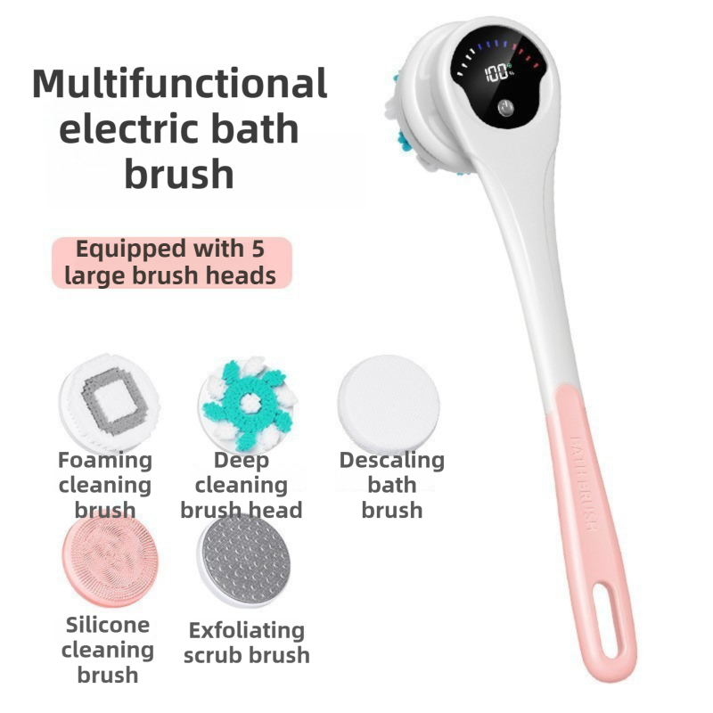 Pink Electric 360 degreesRotating Shower Brush with Long Handle for Back Scrubbing(43CM) - IPX7 Waterproof & V888-ELOSUNG45097