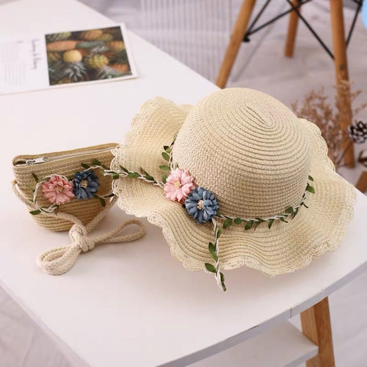 Beige Girls Summer Princess Straw Straw Hat and Matching Purse Set - Breathable Floral Wide Brim Sun V888-ELOSUNG45110