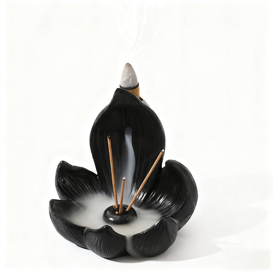Black Zen Lotus Waterfall Backflow Aroma Diffuser - Premium Elegant Resin Craft for Meditation & Yoga, 10cm V888-ELOSUNG45164