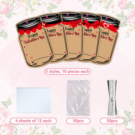 50PCS Valentine's Day Drift Bottle Shaped Gift Card Set - Premium Coated Paper Greeting Card for Family / V888-ELOSUNG45168