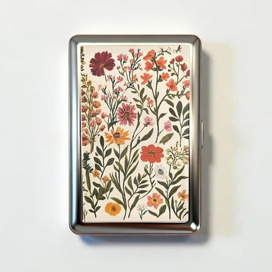 Retro Metal Card Cash & Cigarette Case with Fixed Clip - Flower Artistic Slim Wallet (10.3X6X2cm) V888-ELOSUNG45177