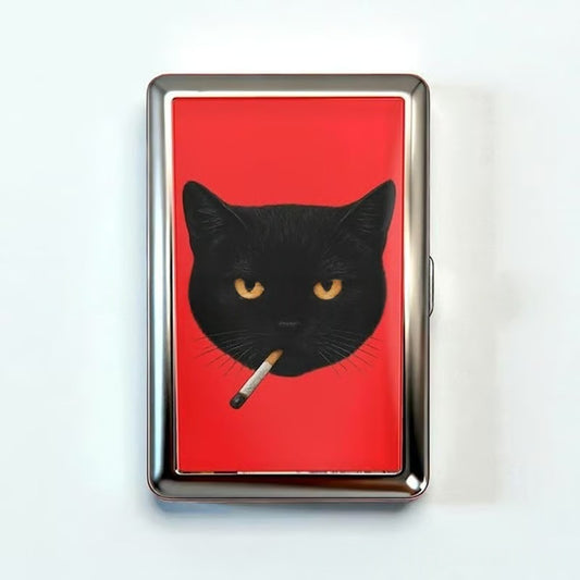 Retro Metal Card Cash & Cigarette Case with Fixed Clip - Black Cat Artistic Slim Wallet (10.3X6X2cm) V888-ELOSUNG45178