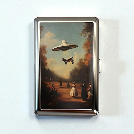 Retro Metal Card Cash & Cigarette Case with Fixed Clip - UFO Artistic Slim Wallet (10.3X6X2cm) V888-ELOSUNG45179