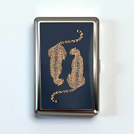 Retro Metal Card Cash & Cigarette Case with Fixed Clip - Leopard Artistic Slim Wallet (10.3X6X2cm) V888-ELOSUNG45180