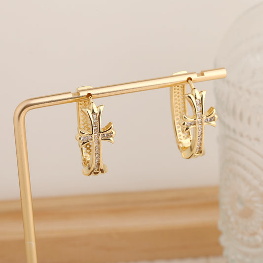 1-Pair Gold Sparkling Iced Out Rhinestone Cross Hoop Earrings - Punk Elegance Ear Buckle for Women V888-ELOSUNG45216