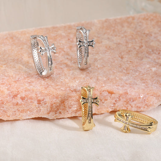 1-Pair Gold Sparkling Iced Out Rhinestone Cross Hoop Earrings - Punk Elegance Ear Buckle for Women V888-ELOSUNG45216