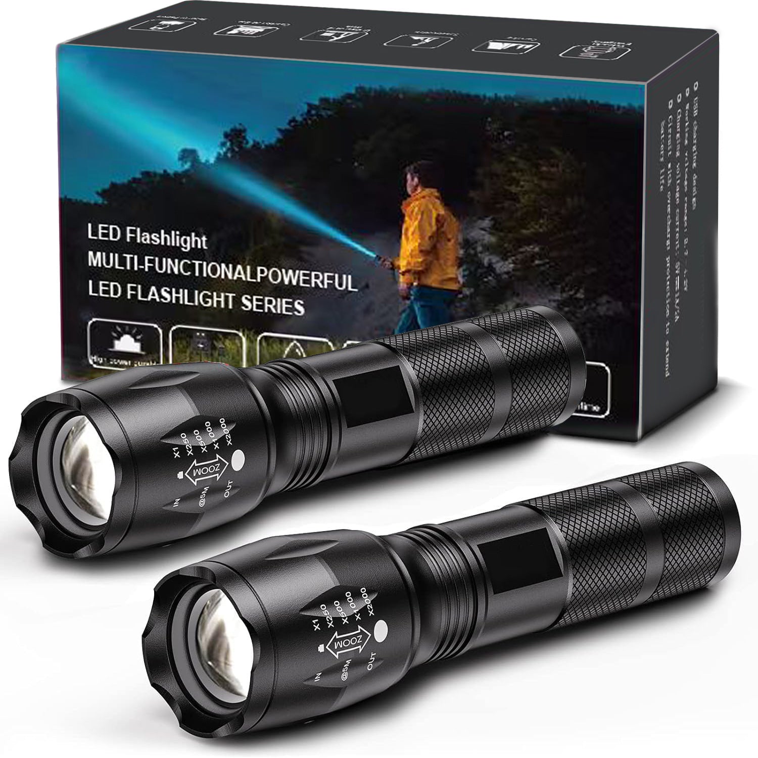 2-Pack High-Powered LED Flashlight with 500m Long Range - Zoomable Focus & Waterproof Tactical Torch - V888-ELOSUNG45222