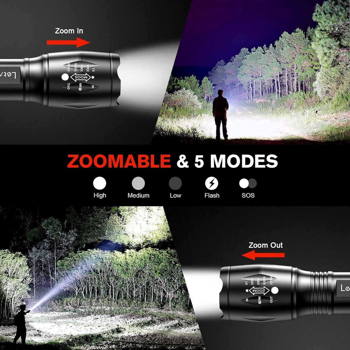 2-Pack High-Powered LED Flashlight with 500m Long Range - Zoomable Focus & Waterproof Tactical Torch - V888-ELOSUNG45222