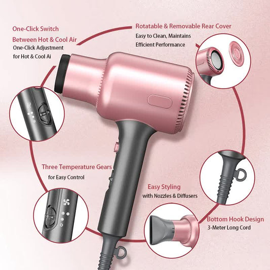 Pink Portable silent Hair Dryer with 3 Heat/Speed Settings and 3 Accessories - High-Power Blow Dryer, 3M Long V888-ELOSUNG45223